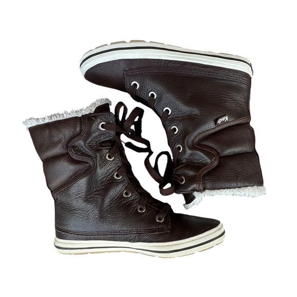 Leather Lace up Boots Sneakers High-top Size 7.5 Faux Fur Lining Keds - Picture 5 of 8